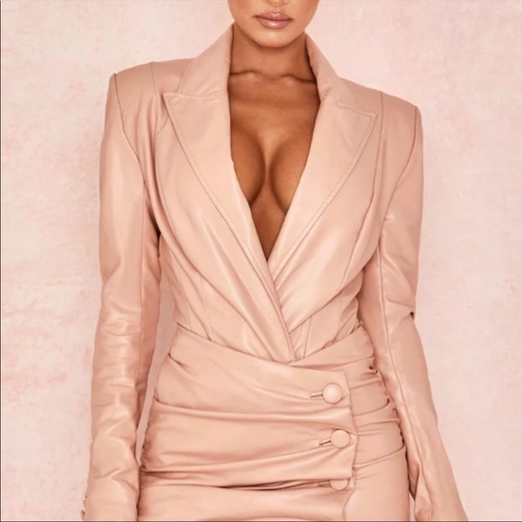 House of CB Tops - House of CB PEONY BLUSH STRETCH VEGAN LEATHER JACKET BODYSUIT